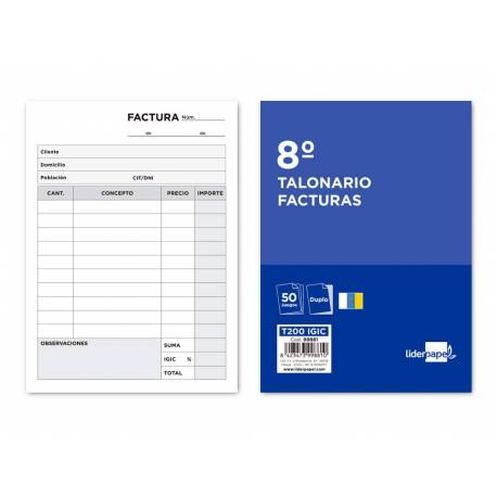 TALONARIO LIDERPAPEL FACTURAS 8 ORIGINAL Y COPIA T200 CON I.G.I.C